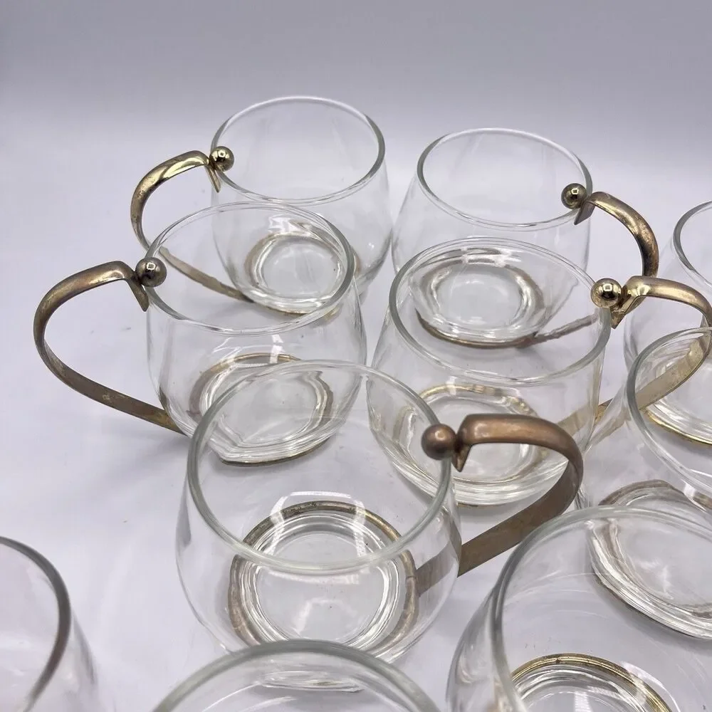 11 Vintage Brass Handled Glass Mugs Mid Century Modern Bar Ware
